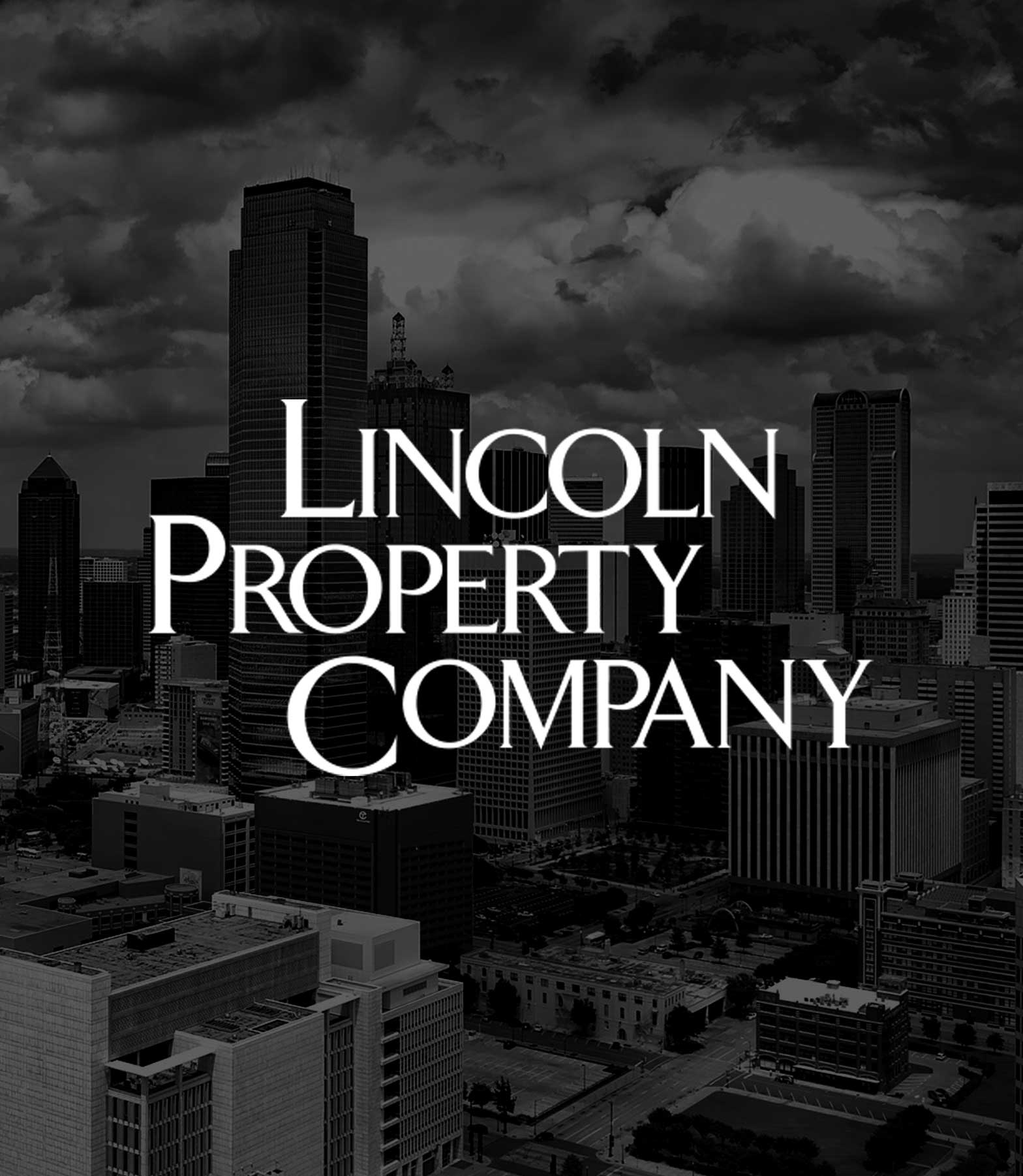 image of Lincoln Property logo and aerial view of downtown Dallas, Texas